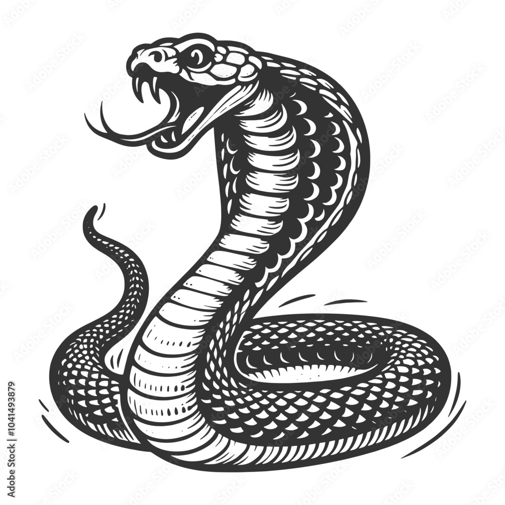 Poster coiled cobra with its hood flared, showcasing classic artistic style and intricate line work sketch 