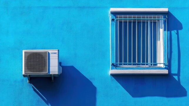 Air Conditioner and Window on Blue Wall - Powered by Adobe