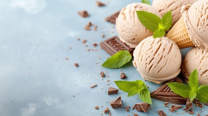 A close up of ice cream scoops. Soft color background with copy space.