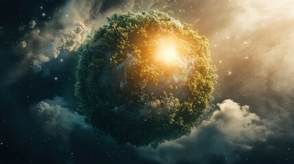 Luminous Green Planet Surrounded by Cosmic Clouds