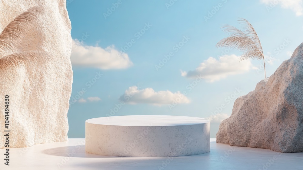 Poster natural podium backdrop for product display featuring a sky background blank showcase mockup within 