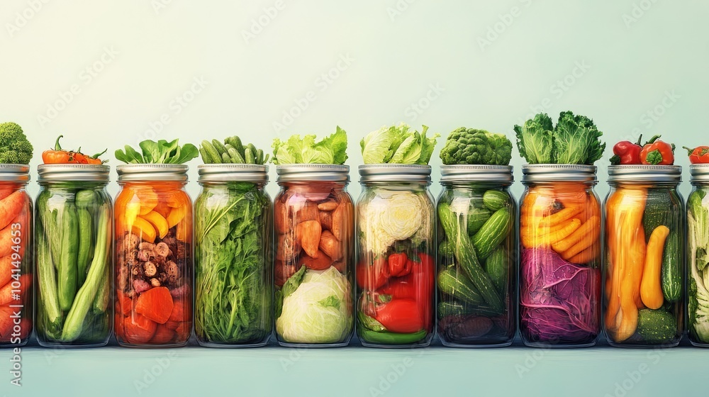 Poster variety of vegetables in jars arranged in a row creating a vibrant food themed backdrop perfect for 