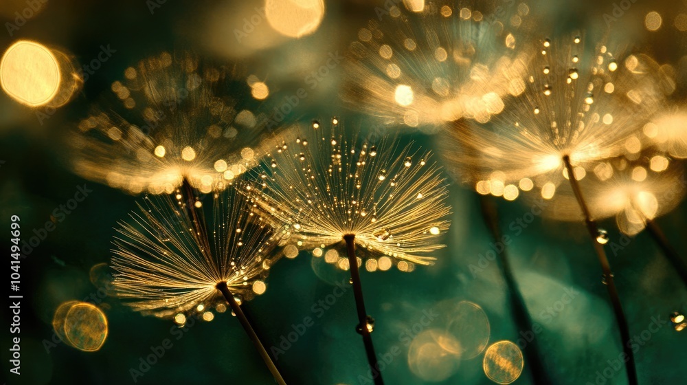 Poster dandelion seeds reflected in a mirror against a dark green backdrop adorned with sparkling dew drops
