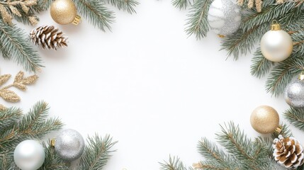 Christmas frame featuring spruce branches and elegant silver and gold decorations set against a white background