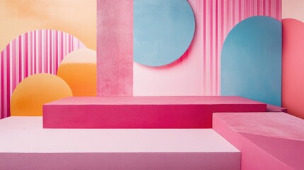 Contemporary pink backdrop featuring geometric designs in a playful style