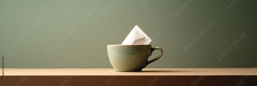 Poster a tea bag is steeping in a green cup placed on a wooden surface, creating a moment of calm and relax