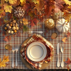 A beautifully arranged autumn table setting featuring colorful leaves, a white pumpkin, and decorative elements, evoking a cozy seasonal dining experience.