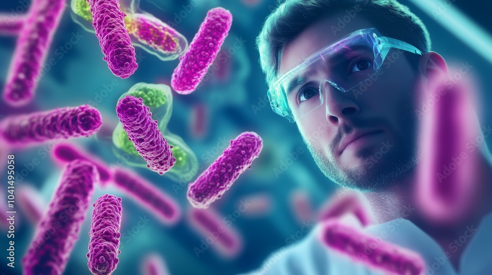 Poster male scientist observing vibrant bacteria in a dynamic lab setting with atmosphere.