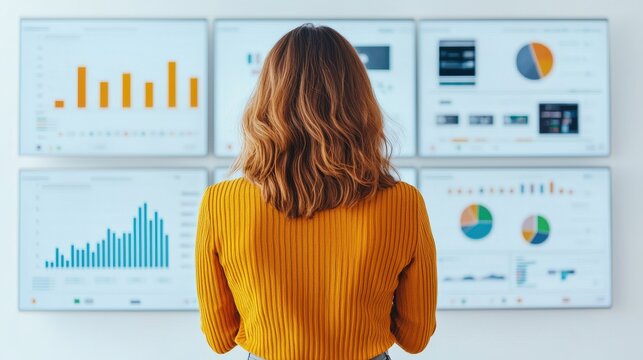 A woman with curly hair observes multiple data analysis screens showcasing various graphs and charts.