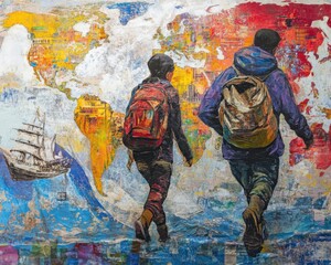 Illustration of two people with backpacks walking in front of a world map for International Migrants Day