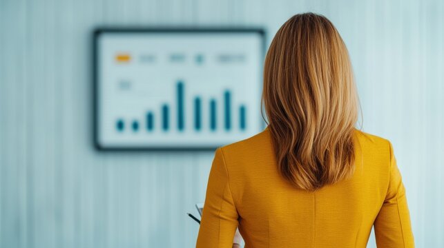 A businesswoman analyzes financial data displayed on a screen, wearing a yellow sweater and looking thoughtfully at the growth chart.