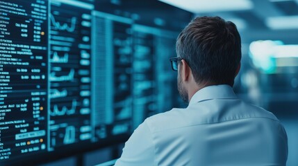 Obraz premium A professional analyzing data on multiple screens, focused on complex financial charts and metrics in a modern office setting.