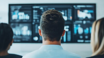 Obraz premium A group of professionals observes data analytics displayed on large screens, focusing on charts and insights for informed decision-making.