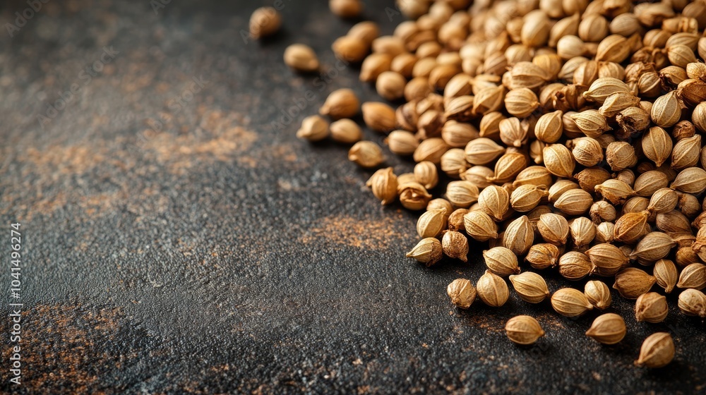 Poster coriander seeds neatly arranged on a surface featuring ample space for text or additional imagery