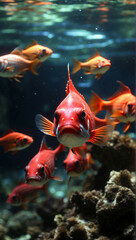 A red goldfish swims near the surface of an aquarium