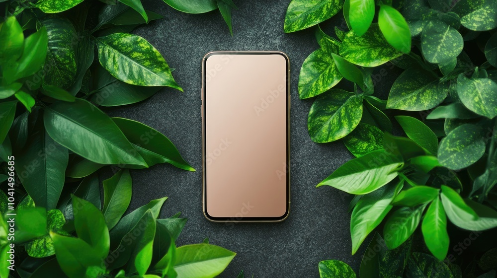 Poster top view of a phone mockup surrounded by a green plant featuring a flat lay design with ample copy s