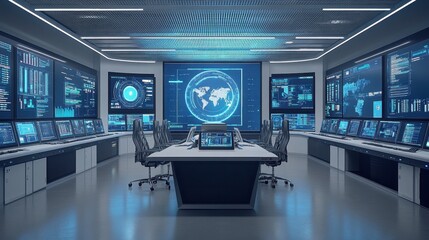 Fototapeta premium High-Tech Control Room with Digital Displays