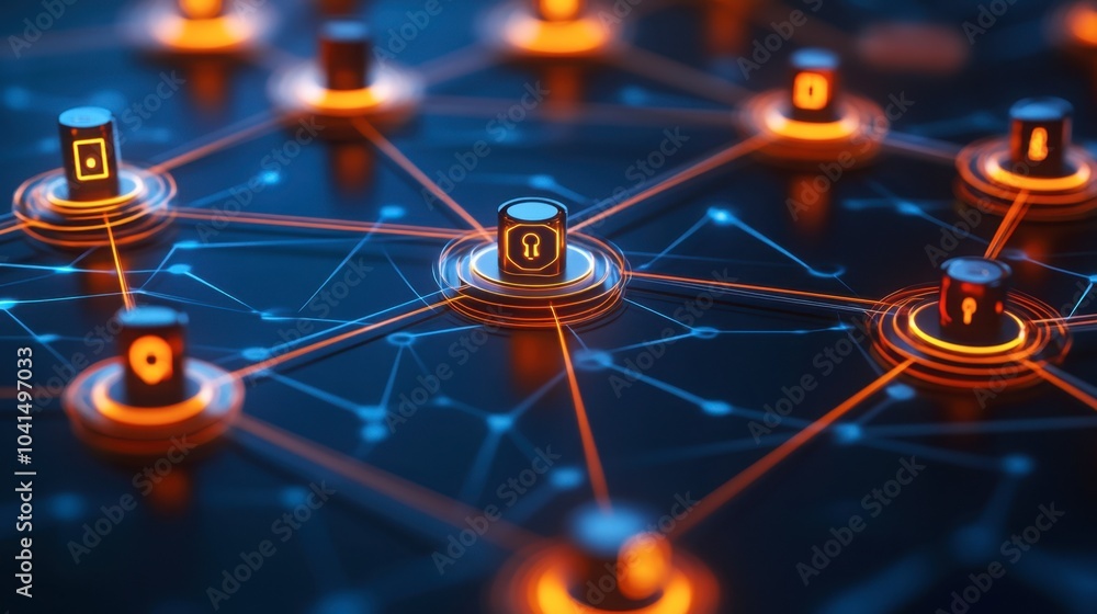 Poster digital network with security icons and connections