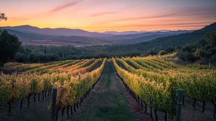 Obraz premium A sweeping vista of a vibrant vineyard during dusk