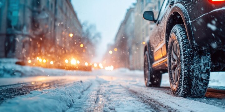Une voiture &eacute;quip&eacute;e de pneus d'hiver roulant dans les rues enneig&eacute;es d'une grande ville, pendant la saison hivernale, concept de s&eacute;curit&eacute; automobile.