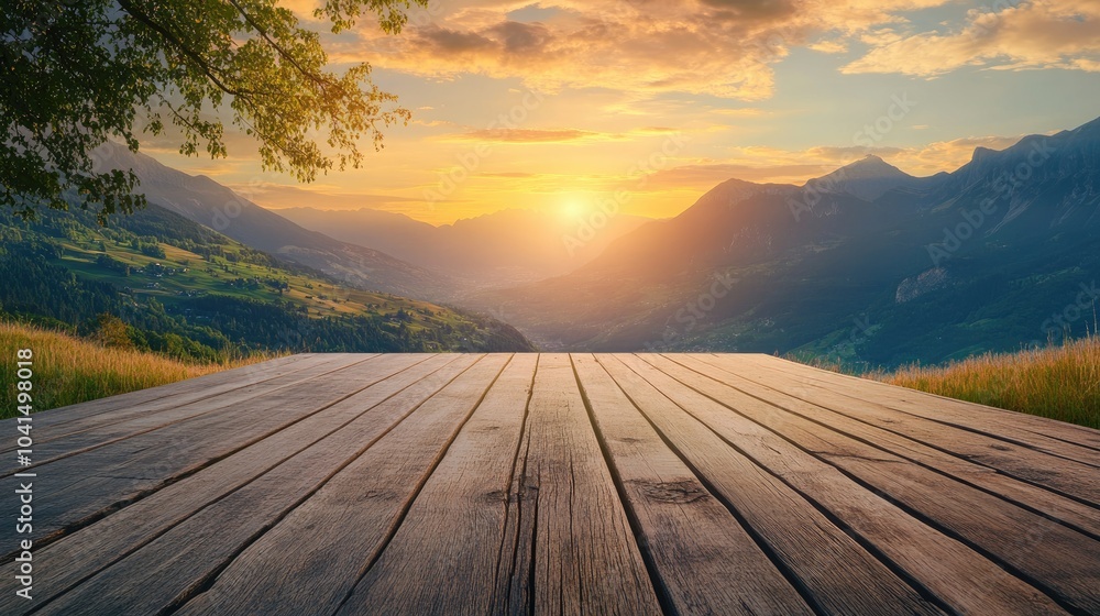 Poster wooden tabletop with a scenic mountain valley view during sunset creating an ideal setting for showc