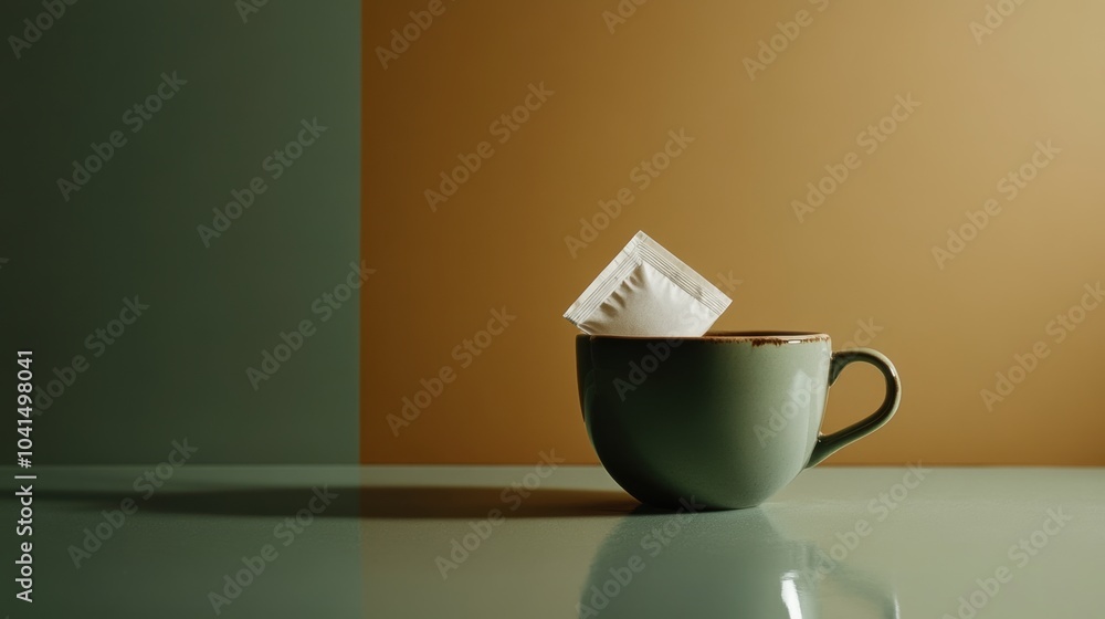 Fototapete a tea bag is immersed in a green cup, creating a calming moment on a table with a softly lit backdro