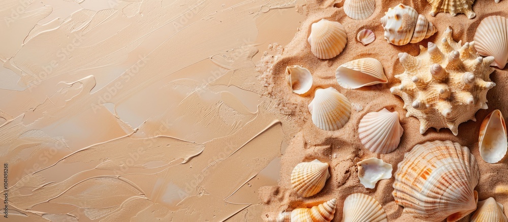 Poster summer marine concept on a beige background background with seashells different shape and type in th