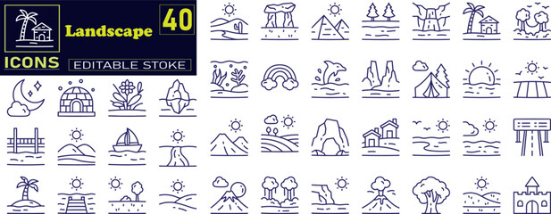 Landscape icon set. Containing mountain, forest, river, beach, desert, field, island, volcano, waterfall, and more.