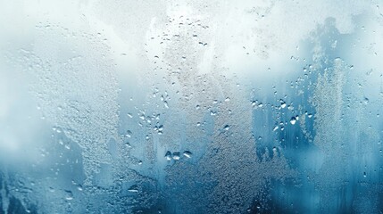 Textured surface of a misted window glass with water droplets on a cloudy and foggy day