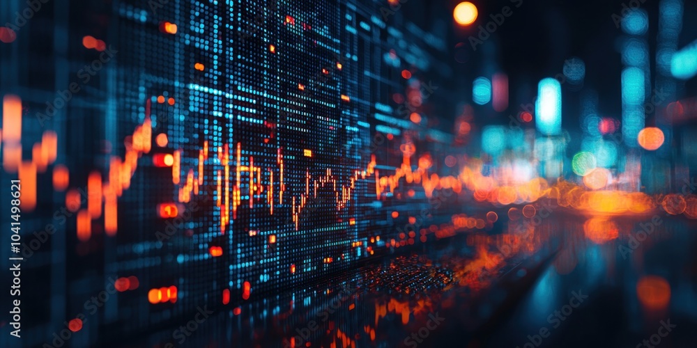 Poster stock market data display with city lights blur in the background