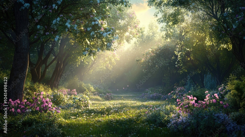 Aufkleber soft dawn light filters through trees casting a gentle glow on a serene forest clearing adorned with