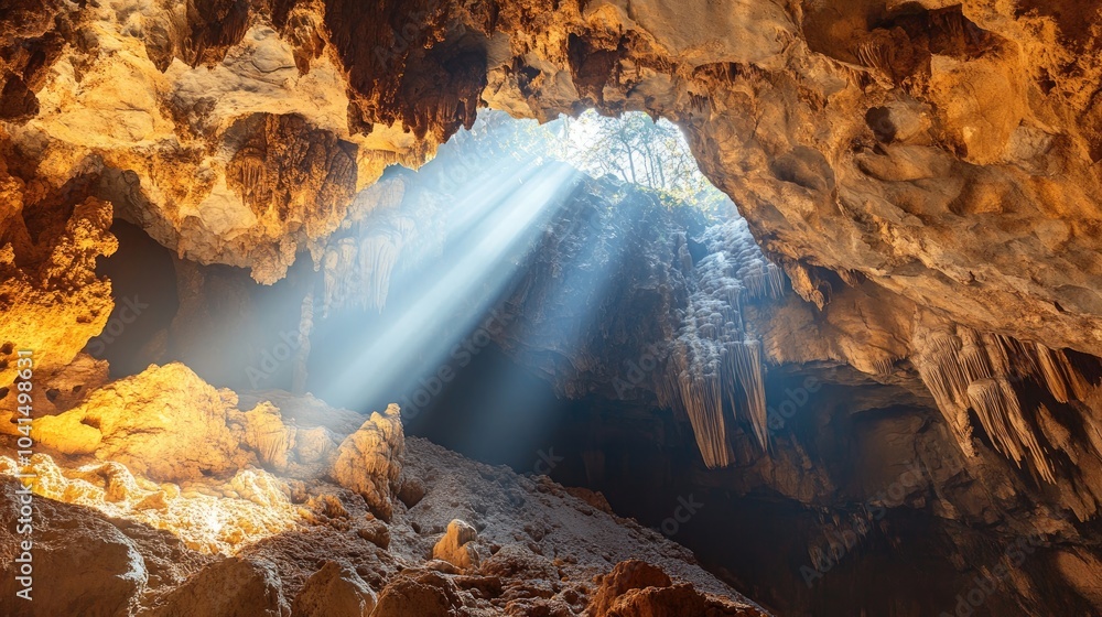 Poster sunlight filters through a cave entrance highlighting unique rock formations and creating a sense of