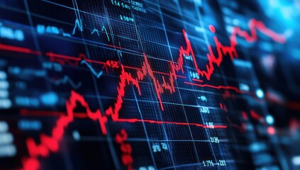 Fototapeta premium Un graphique boursier avec des lignes rouges et bleues, indiquant des données de santé en hausse sur un fond numérique abstrait.
