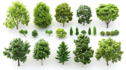 Large collection of isolated 3D green trees on a white background suitable for architectural design visualization or garden decoration