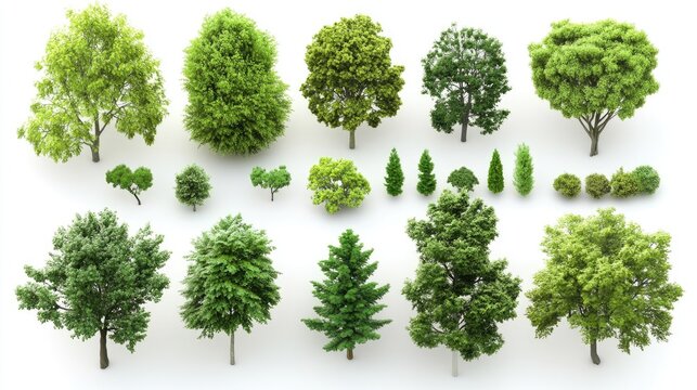 Large collection of isolated 3D green trees on a white background suitable for architectural design visualization or garden decoration