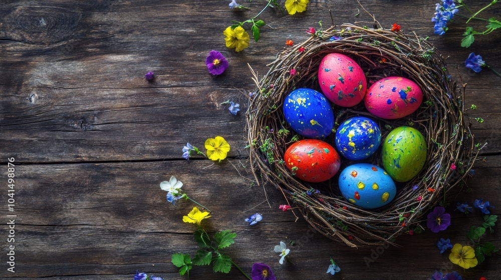 Poster colorful painted eggs nestled in a twig nest showcasing a close up view on a wooden table adorned wi