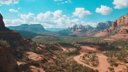 A wide view of Sedona's canyons and valleys under a bright blue sky with white clouds. The red earth and rocks create a picturesque contrast with the green trees, giving a serene atmosphere