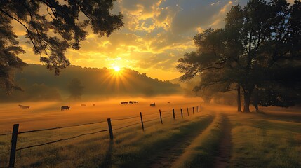 Obraz premium A beautiful sunrise over a grassy field with cattle grazing in the distance. The sun shines through the morning mist, creating a warm glow over the landscape.