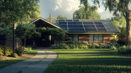 Suburban house with solar panels and lush green front yard, 8k, realistic, full ultra HD, high resolution, cinematic photography
