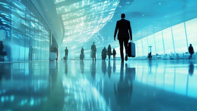 Des silhouettes de personnes marchant avec bagages et valises dans le hall d'un a&eacute;roport, avec un fond flou, concept de voyage d'affaires.
