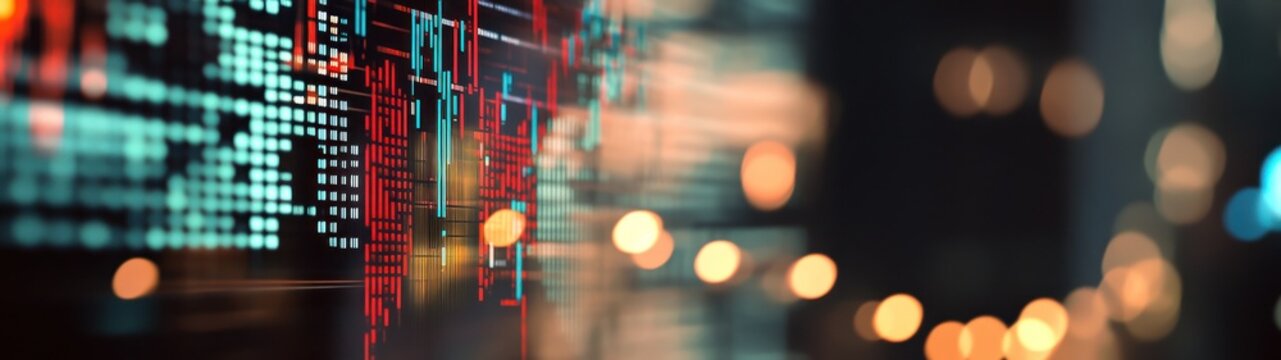 Fond num&eacute;rique avec un paysage urbain abstrait avec des lumi&egrave;res brillantes et des graphiques financiers, repr&eacute;sentant des donn&eacute;es boursi&egrave;res &agrave; l'&eacute;cran avec un arri&egrave;re-plan flou.