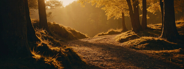 Golden sunlight filters through the trees along a tranquil forest path