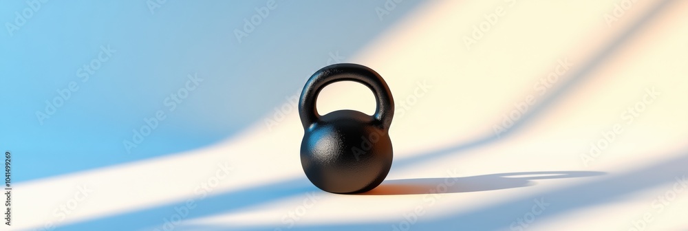 Poster The black kettlebell stands alone on a bright surface, highlighting its sleek design and functionality for fitness routines. Generative AI