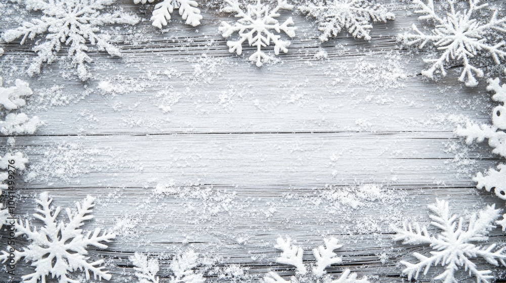 Poster winter background featuring a frame of snowflakes on a bright light grey rustic wooden texture provi