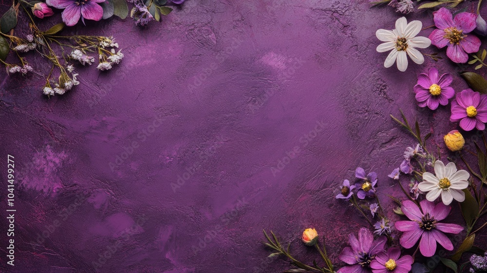 Aufkleber purple textured background adorned with spring flowers ideal for a greeting card design with ample s