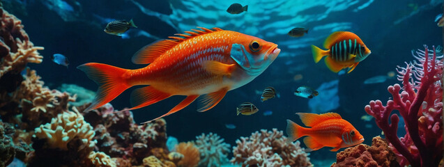 Obraz premium A large, red fish swims near the coral in an aquarium