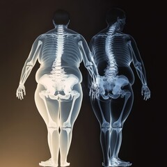 A captivating X-ray illustration showing the human spine and skeletal structure from two perspectives.