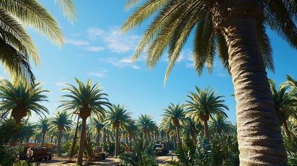 Fototapeta premium A wide shot of a man standing on a ladder, reaching into a palm tree to harvest dates, with rows of palm trees and farm equipment in the distance, under a clear blue sky.