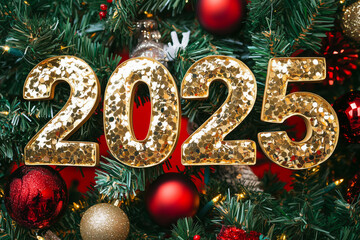 Festive 2025 holiday celebration with gold glitter ornaments and evergreen decorations
