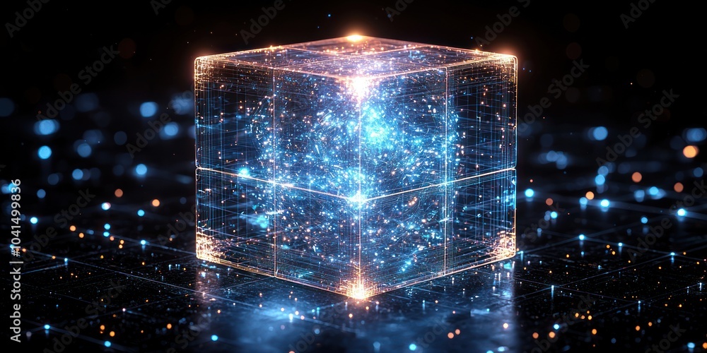 Leinwandbilder glowing digital cube with network connections and bokeh lights